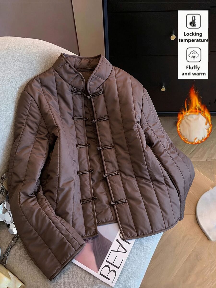 SHEIN Franclia New Chinese Style Frog Button Stand Collar Vertical Quilted Padded Coat For Women, Vintage Short Loose Lightweight Padded Coat, National Style - Brown - View 1