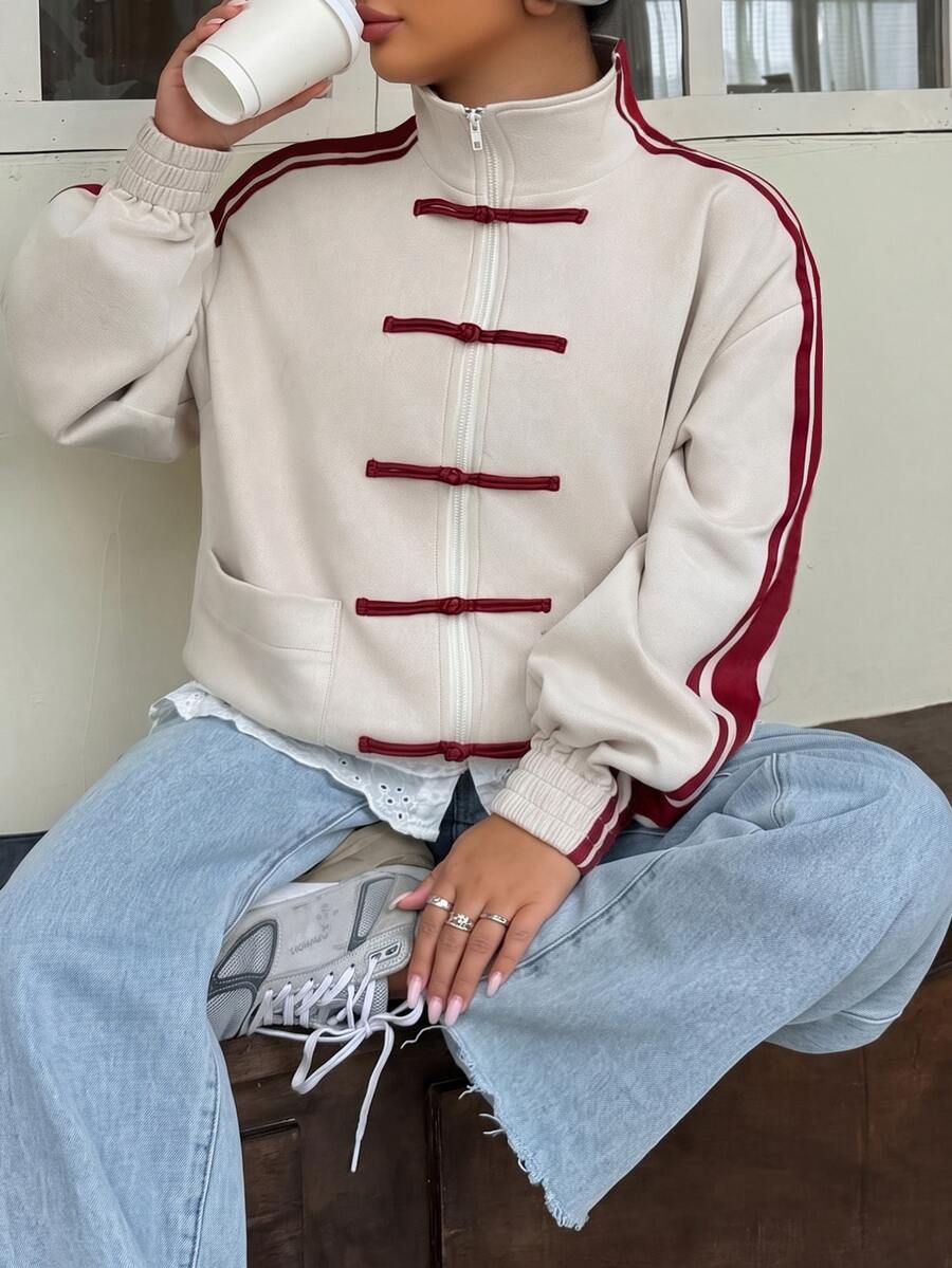 Muchica 女款時尚青蛙鈕扣拉鍊口袋米色拼接長袖夾克外套,秋季休閒街頭風度假外出日常外穿外套 - 杏色 - 查看 1