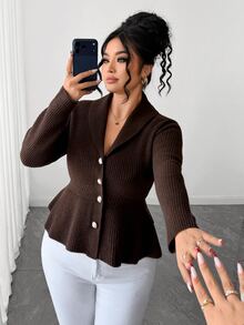 Elenzga Plus Size Women's Solid Color Casual Versatile Daily Cardigan - Coffee Brown - View 1