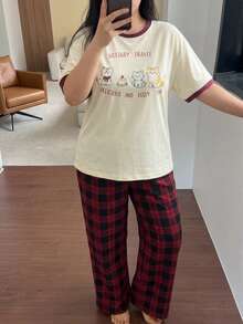 Dazy Plus 2pcs Cute Cartoon Print Colorblock Patchwork Casual Long Pants Loungewear Pajama Set - Multicolor - View 4