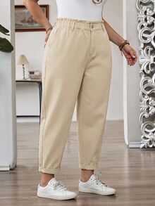 SHEIN CURVE+ 大尺碼女款休閒日常旅行牛仔褲，附口袋與鈕扣 - 卡其色 - 查看 8
