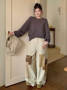 Dazy Plus Pattern Printed Loose Wide Leg Curved Hem Jeans, Casual Vintage Blogger Style New Arrival For Girls Club Beach Blue White Stripe - Apricot - View 6