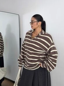 POPSWAY Plus Size Women's Striped Zip-Up Hooded Cardigan Sweater, Autumn/Winter - Brown - View 1