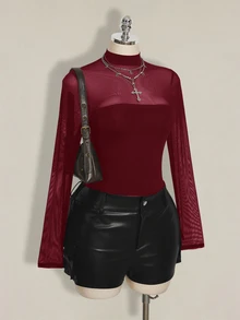 SHEIN ICON 大尺碼 Y2K 性感網紗拼接連身衣 - 酒紅色 - 查看 9