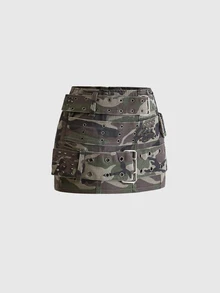 ROMWE Grunge Punk Y2K Vintage Punk Heavy Metal Rivet & Eyelet Belt Decor Women's Denim Mini Skirt - Green - View 5