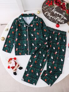 SHEIN 小男孩秋冬聖誕雪人深綠色格紋印花長袖開襟家居服套裝 2 件組 - 墨綠色 - 查看 1