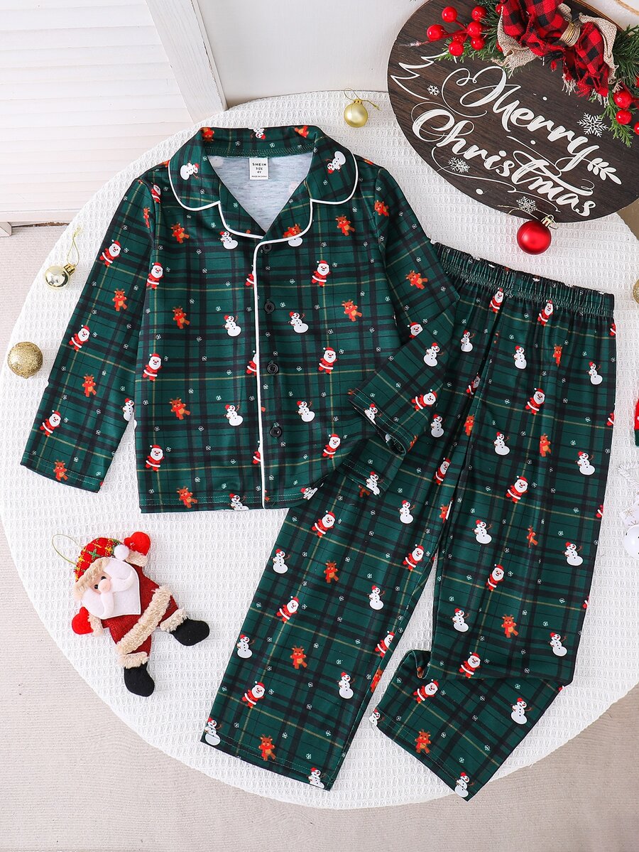 SHEIN 小男孩秋冬聖誕雪人深綠色格紋印花長袖開襟家居服套裝 2 件組 - 墨綠色 - 查看 1