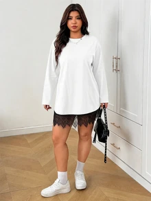 SHEIN EZwear 秋冬白色大尺碼女款休閒洋裝，蕾絲下擺拼接設計 - 白色 - 查看 5