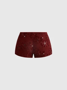 ROMWE Avant Graduation Prom Shiny Sequin Music Festival Ultra Low Waist Sexy Super Short Mint Green Y2K Mini Shorts For Women - Burgundy - View 2