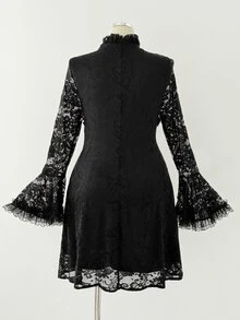 Sunspun Plus Size Women's Contrast Lace Bell Sleeve Dark Style Dress - Black - View 2
