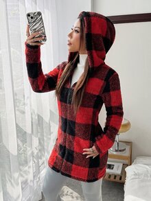 SHEIN EZwear 格子毛絨女款長袖連帽休閒外套 秋冬款 - 紅色 - 查看 6