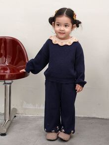 DAZY Baby Girl Contrast Color Long Sleeve Top And Pants Casual Everyday Knit Set - Grey - View 5