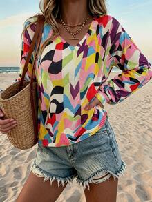 RIVANDRE Women's Geometric Pattern V-Neck Long Sleeve Casual Loose Fit Sweater - Multicolor - View 7