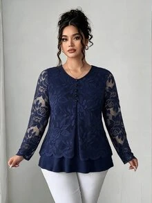 Elenzga Plus Size Round Neck Lace Patchwork Asymmetrical Hem Black Button Fashion Elegant Vintage Women's Casual Home Commute Comfortable Top Fall - Royal Blue - View 6