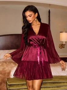 Slumberist Women's Sexy Lace Patchwork Backless Cami Nightgown And Robe Set - Maroon - View 7