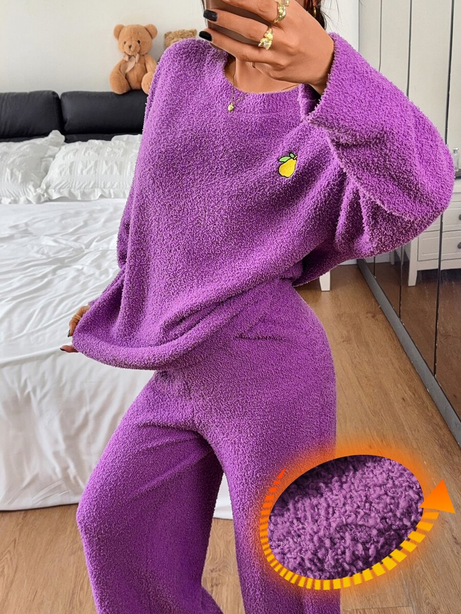 DAZY Autumn/Winter Knit Fruit Pattern Solid Color Long Sleeve Long Pants 2 Pieces Pajama Set For Women - Purple - View 1