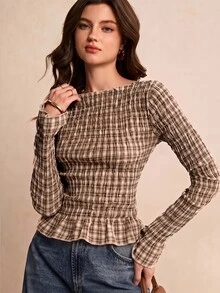 Poéselle 女款格紋百褶休閒百搭日常通勤襯衫 - 卡其色 - 查看 6