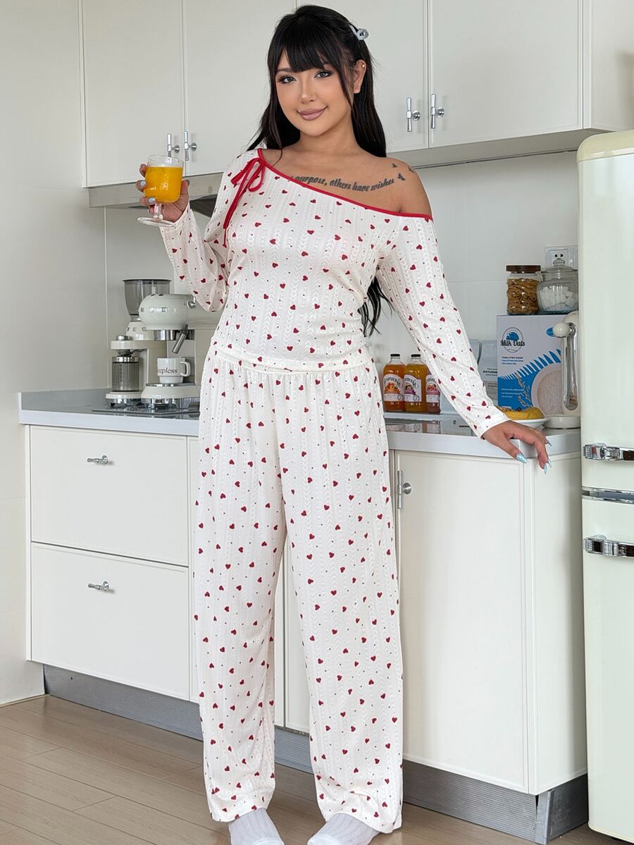 ZzzCrew Set Piyama Celana Panjang Motif Hati Lengan Panjang Bahu Asimetris Seksi Ukuran Plus - Aprikot - View 1