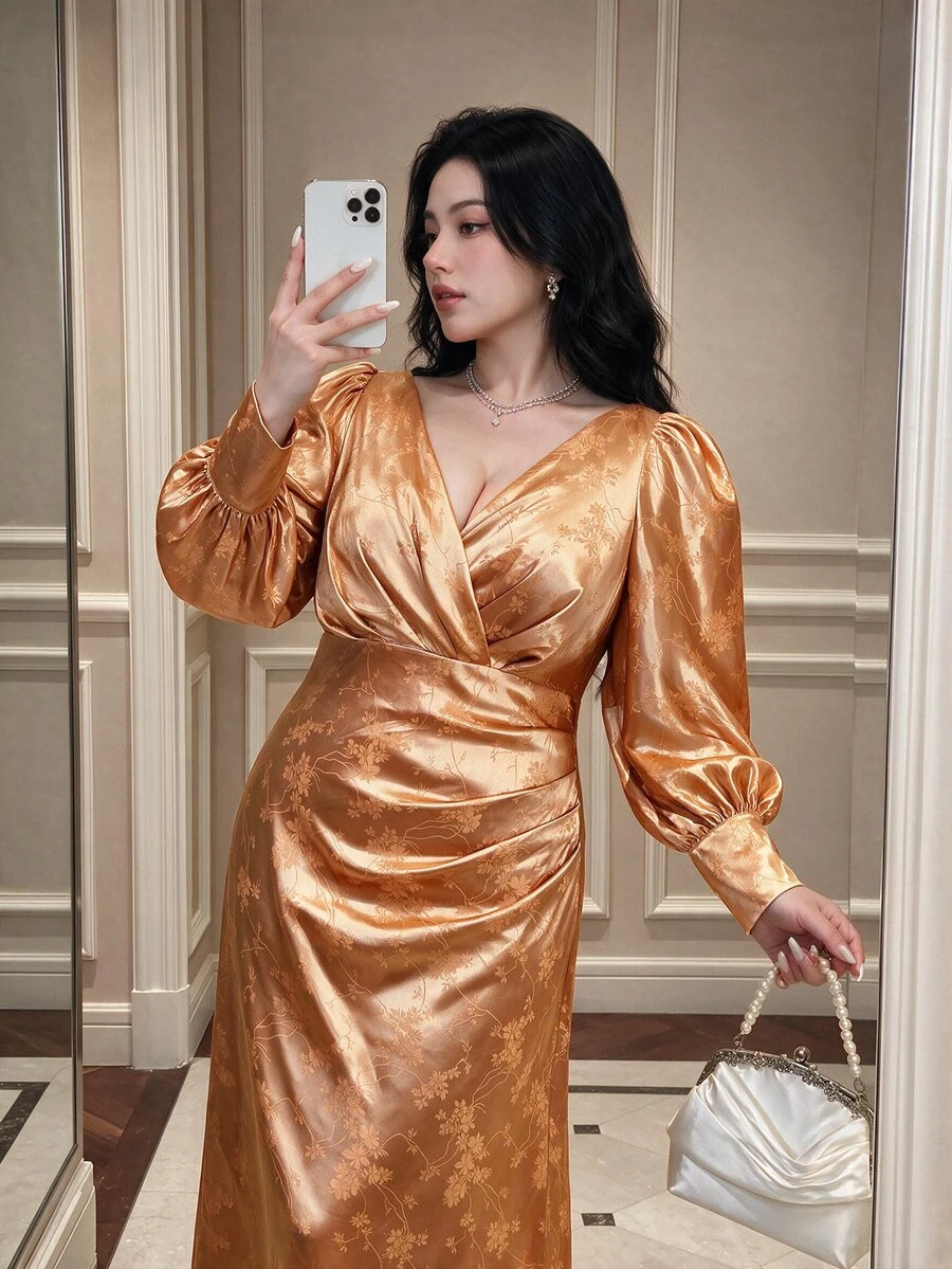Vibekara 春季新款優雅度假公主風甜美提花紋理布料V領抓皺胸前泡泡長袖收口女式正式舞會禮服 - 橘色 - 查看 1