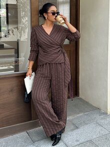 Dazy Plus Fashion Striped Asymmetric Button-Up Shirt And Pants 2 Pieces Set, Playful Commuter Casual Outfit - Rust Brown - View 2