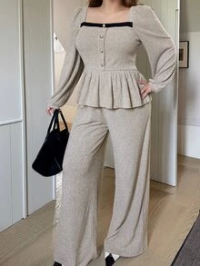 Dazy Plus Plus Size Women's Contrast Trim Ruffle Hem Top And Wide Leg Pants Sweet Elegant 2 Pieces Set Party Formal Beige Grey Fall - Apricot - View 8
