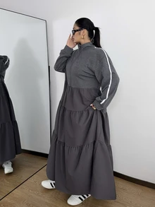 POPSWAY Plus Size Casual Zipper Half-Placket Striped Sweatshirt Dress - Dark Grey - View 4