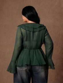 Rustia 大尺碼女款棕色秋季優雅長袖襯衫，壓褶紋理布料、雙層荷葉領，適合情人節約會與外出穿搭 - 墨綠色 - 查看 2