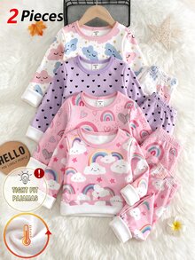 Girls' Knitted Elastic Fleece Thickened Winter Crew Neck Long Sleeve Long Pants Fitted 2 Pieces Loungewear Set - Multicolor - View 1