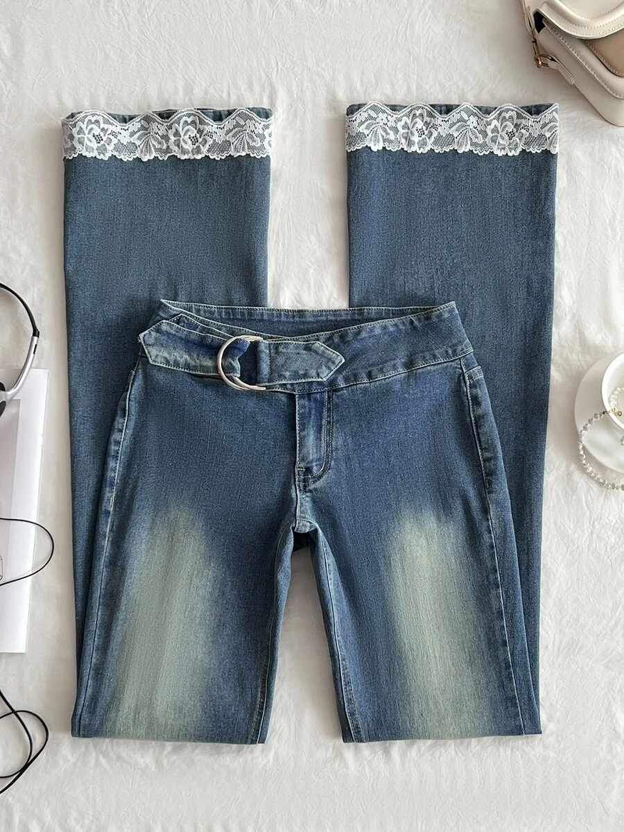 Elamini Low Waist Fashion Lace Patchwork Vintage Washed Slim Fit Flare Jeans - Medium Wash - View 1