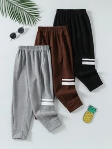 3pcs/Set Waffle Knit Long Pants With Two Stripes Print For Boys, Cuffed Hem - Multicolor - View 2