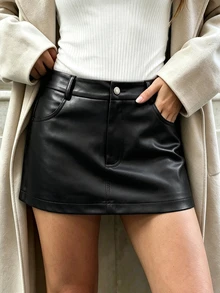 Cévolie Women's Solid Color PU Leather Pocket Fashion Casual Skort - Black - View 3