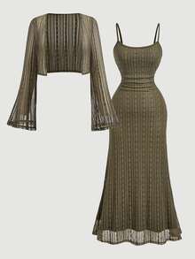 SHEIN MOD Plus Size Brown Lily Print 2 Pieces Cardigan & Midi Dress Set, Vacation, Music Festival - Army Green - View 1