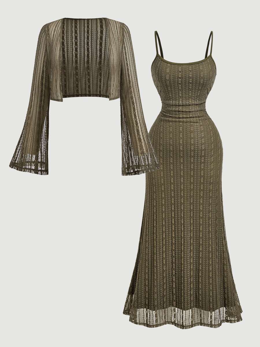 SHEIN MOD Plus Size Brown Lily Print 2 Pieces Cardigan & Midi Dress Set, Vacation, Music Festival - Army Green - View 1
