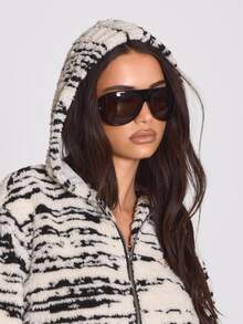 MUSERA Zebra Printed Fluffy Logo Embroidered Hooded Cropped Jacket Autumn Winter Fall Coolgirl Holiday Everyday Roadside Renegade - Black and White - View 5