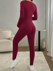 SHEIN 孕婦簡約長袖連身褲 日常百搭款 - 酒紅色 - 查看 2