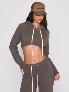 MUSERA Knitted Cropped Curved Hem Hooded Jumper Autumn Winter Fall Coolgirl Holiday Everyday Roadside Renegade - Grey - View 1