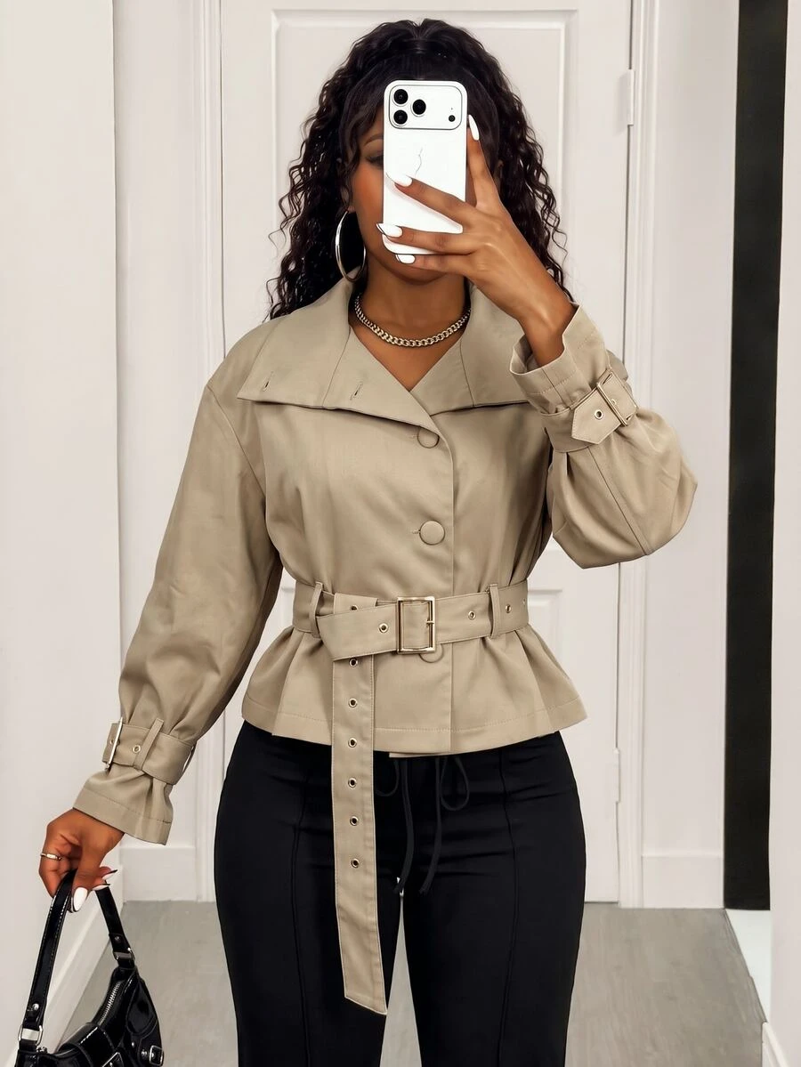 BamGleam Women's Solid Color Long Sleeve Single-Breasted Casual Trench Coat Jacket - Khaki - View 1