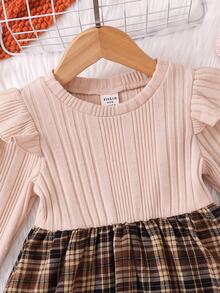 SHEIN Baby Girl Patchwork Plaid Hem Round Neck Long Sleeve Cute Dress - Khaki - View 5