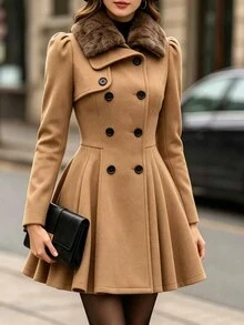 SHEIN LUNE Women's Solid Color Fur Collar Double-Breasted Long Sleeve Ruffle Hem Elegant Jacket - Coffee Brown - View 3