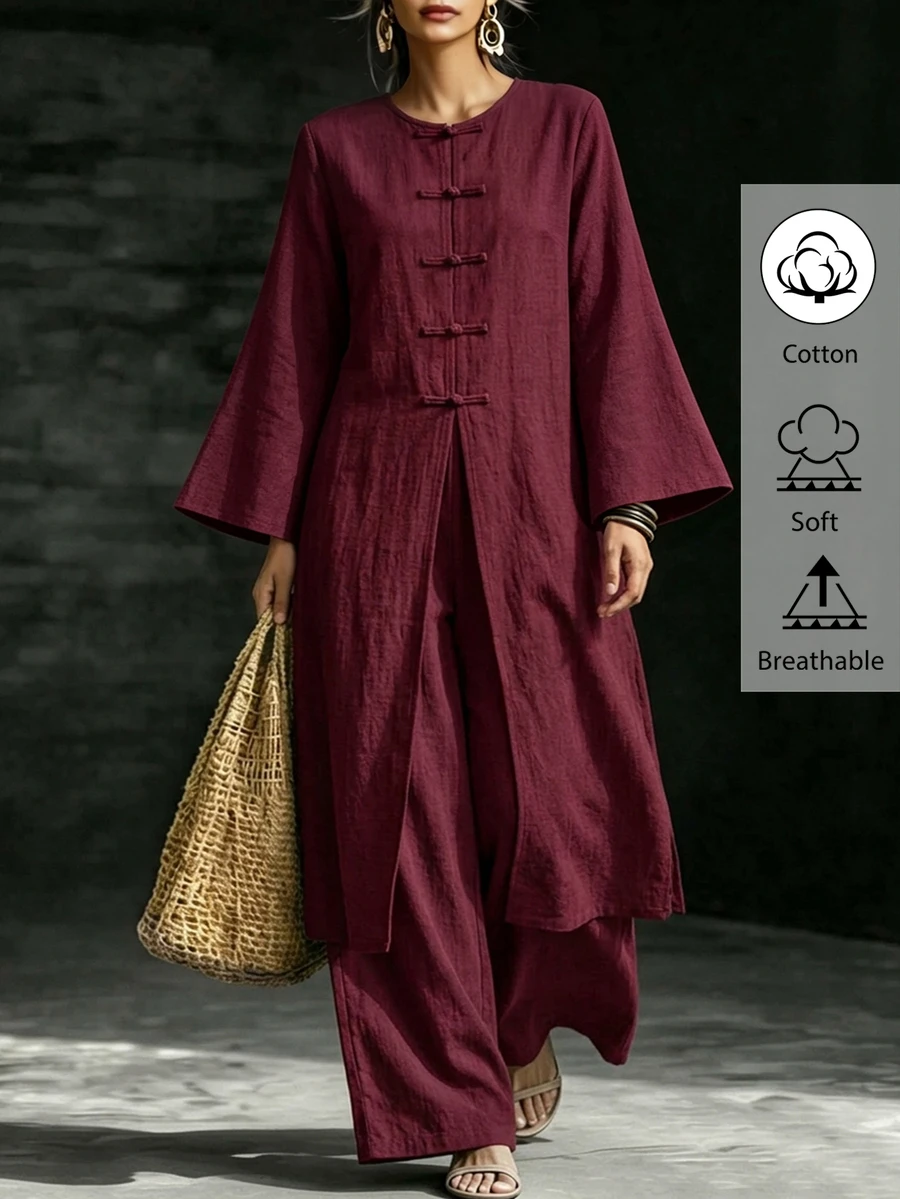 SHEIN LUNE CURVE New Middle East Plus Size Casual Women's Long Top With Frog Button Decoration And Straight Leg Pants 2 Pieces Set Fall - Burgundy - View 1