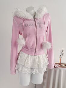 Elamini Women's Rhinestone & Pom Pom Decor Fur Collar Zipper Front Hooded Long Sleeve Sweatshirt - Mauve Purple - View 7