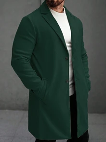 Manfinity Mode 男士純色口袋鈕扣前襟長袖大衣，適合秋冬冬季儀式場合 - 墨綠色 - 查看 5