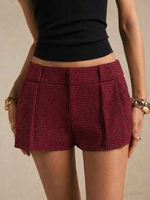 Poéselle Women's Houndstooth Wool-Blend Shorts, High-Waisted Pleated Tailored Mini Shorts With Pockets For Chic Outfits Tailored Shorts Fall & Winter - Red - View 4