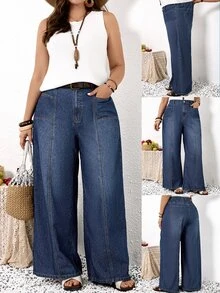 SHEIN MOD بنطلون جينز كاجوال للاستخدام اليومي للنساء بمقاسات كبيرة مع جيوب - أزرق داكن - مشاهدة 1