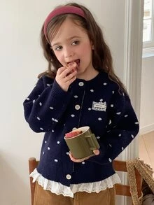 Hapijoa 女童秋季拼接撞色荷葉邊修身長袖圓領抽繩綁帶休閒開襟衫 - 藏蓝色 - 查看 4