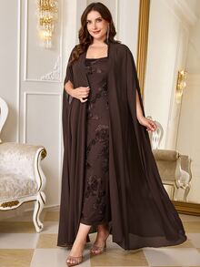 Reflora Plus Size Embroidered Cami Dress With Cardigan Set - Brown - View 6