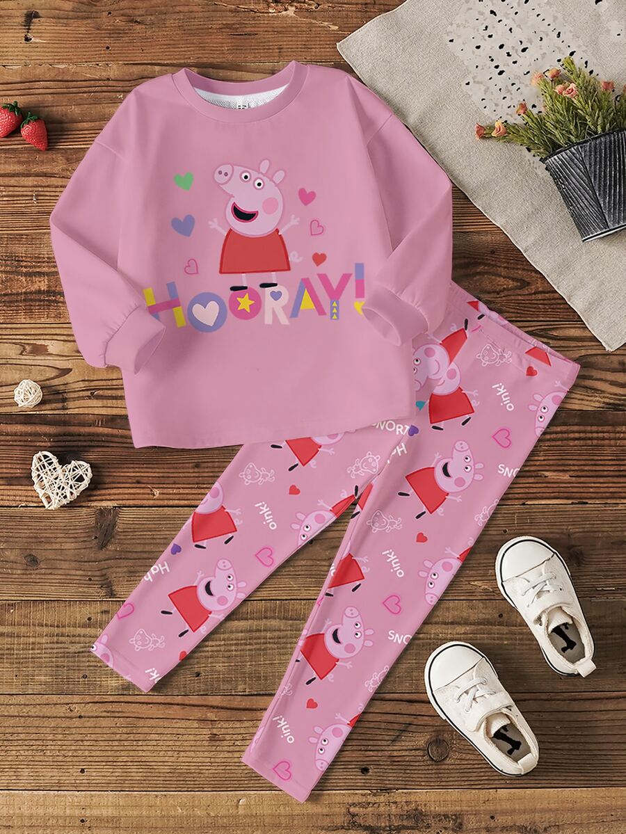 Peppa Pig X SHEIN Young Girl Letter Print Crew Neck Long Sleeve Sweatshirt And Pants Casual Set - White - View 1