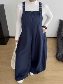 POPSWAY Plus Size Casual Loose Wide Leg Overalls - Royal Blue - View 1
