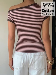 Aloruh 95%棉女款條紋不對稱肩短袖修身休閒T恤，棕色與粉色條紋不對稱肩T恤，休閒極簡日常百搭，約會與外出穿搭，女款秋季服飾，秋季穿搭，女款通勤穿搭，百搭上衣，外出穿搭，機場穿搭 - 白色 - 查看 2