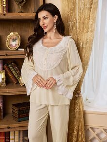 PalaceNights طقم بيجامة نسائي بطراز القصر العتيق مع ياقة مكشكشة مطوية وتصميم دانتيل وأكمام طويلة وبنطال طويل - لون مشمشي - مشاهدة 4